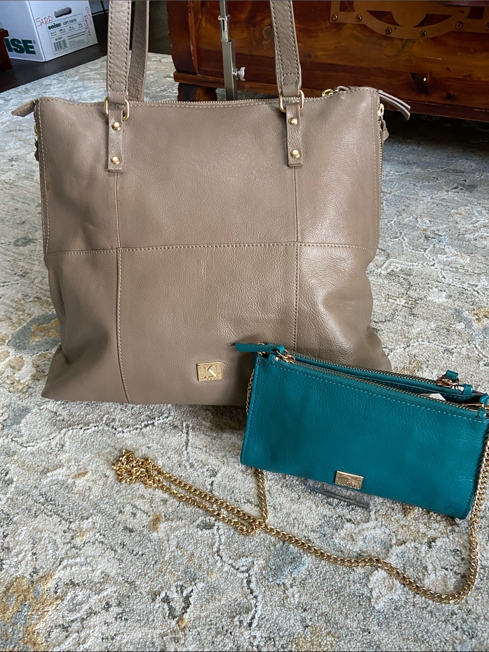Kooba Leather Everette Taupe Shoulder Tote and Teal Leather Crossbody Wallet